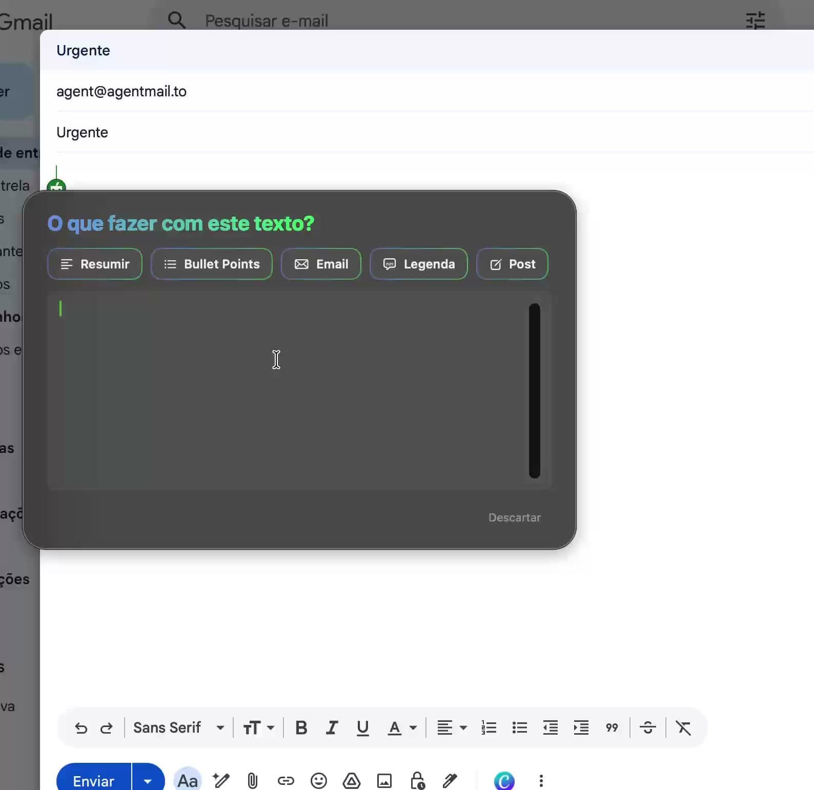 Menu de transformações do Dicto